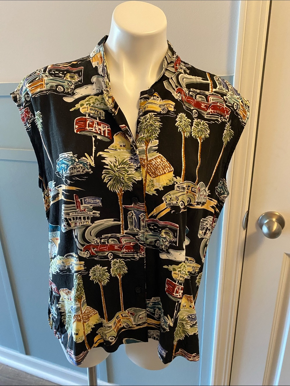 Women's Black Button-Front Casual Shirt with Vintage Car Print